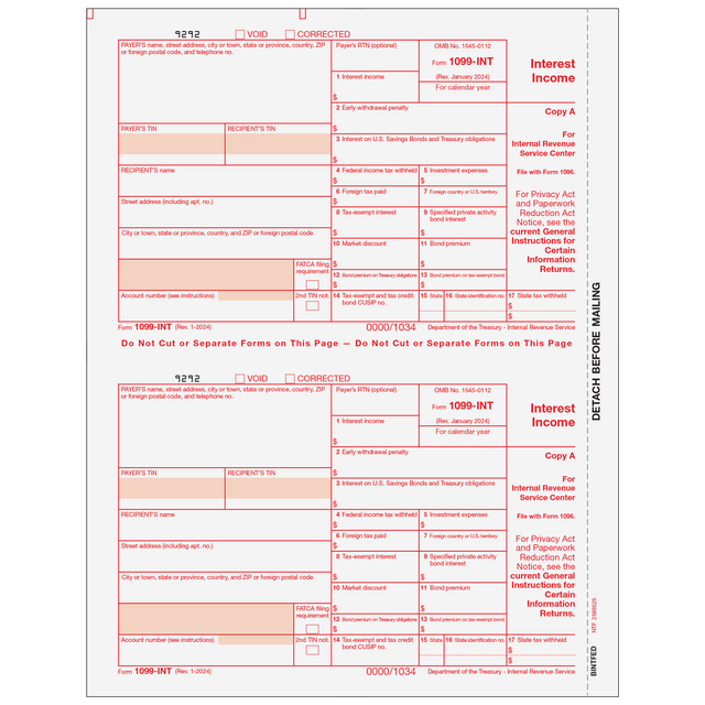 1099-INT Interest 2 Up Federal Copy A