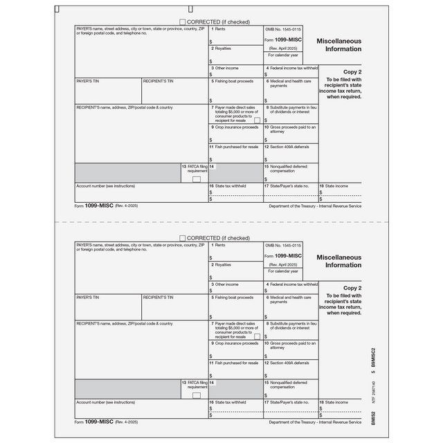 1099-MISC Miscellaneous 2 Up Recipient State Copy 2