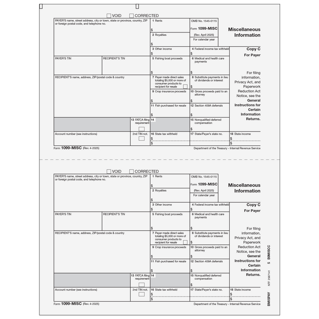 1099-MISC Miscellaneous 2 Up Payer/State Copy C