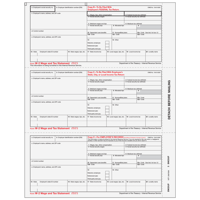 Condensed W-2 Employee Copies B/2/C - 3up (3 Forms Per Page)