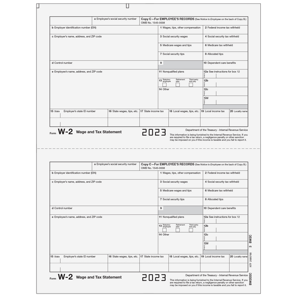 W-2 Laser Employee Copy C 2 Up (2 Forms Per Page)