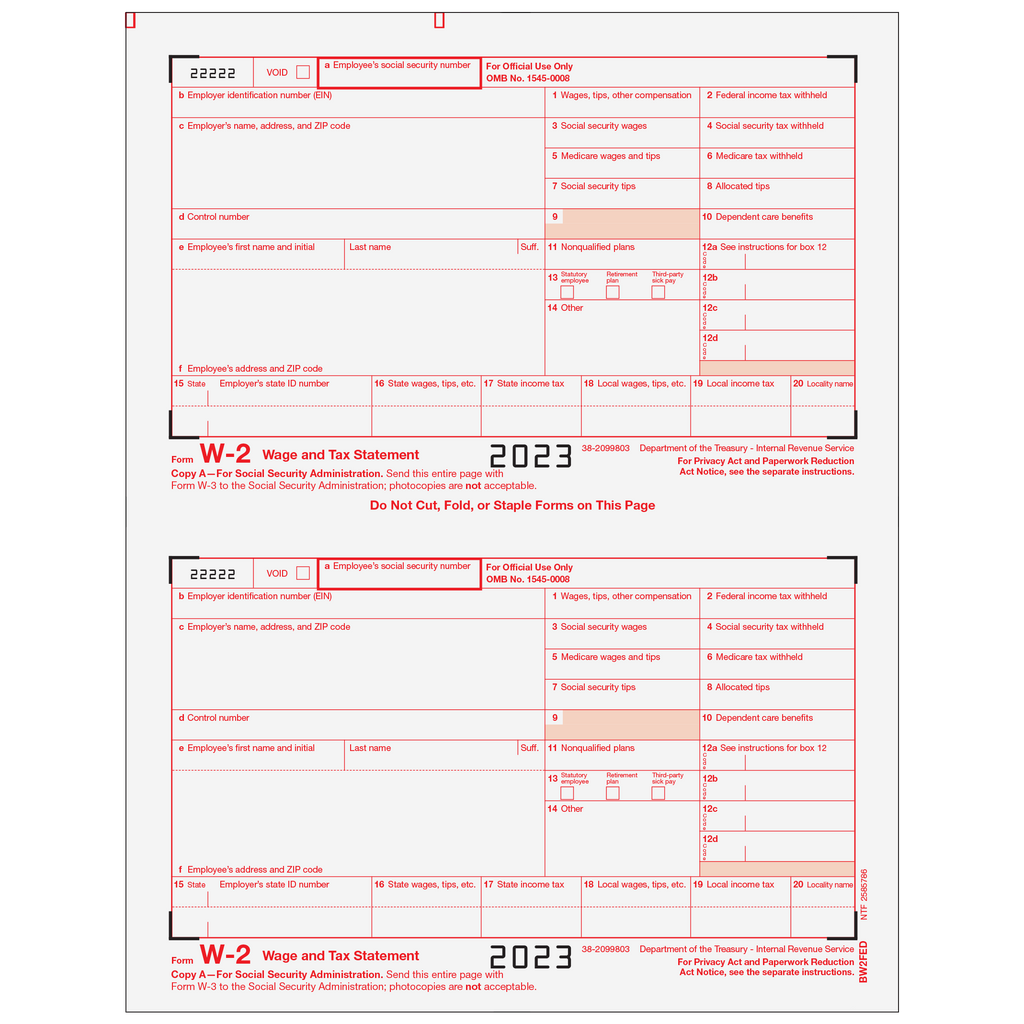 W-2 Laser IRS Copy A 2 Up  (2 Forms Per Page)