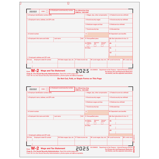 W-2 Laser IRS Copy A 2 Up (2 Forms Per Page)