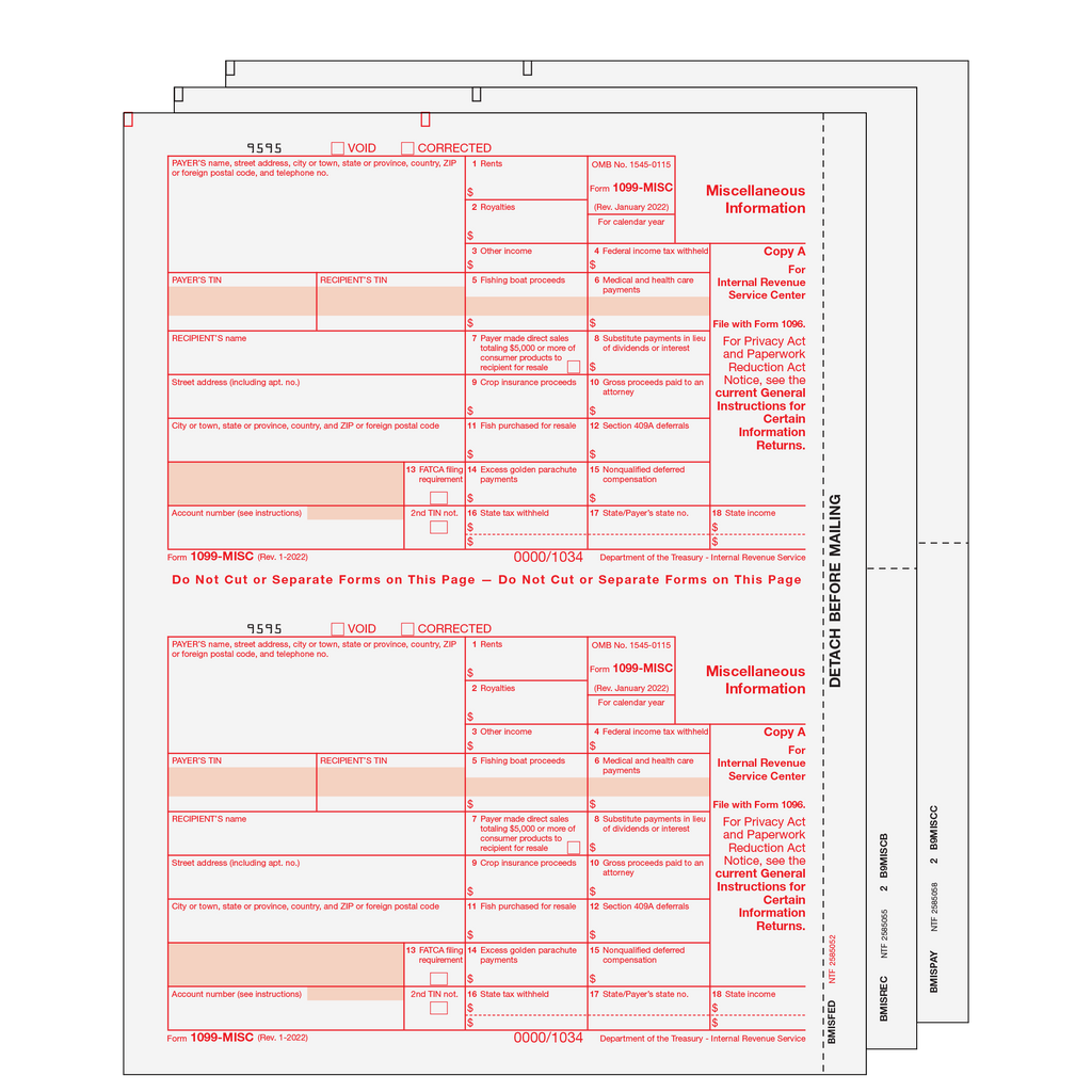1099-MISC Miscellaneous Laser Set 3 Part 2 Up (2 Forms Per Page)