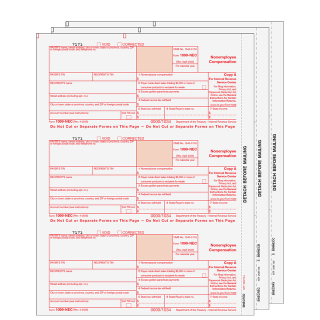 1099-NEC Non Employee Compensation 3 Part Set