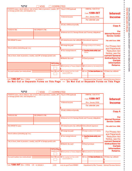 1099-INT Interest 2 Up Federal Copy A