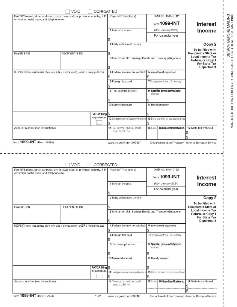 1099-INT Interest 2 Up Payer/State Copy C