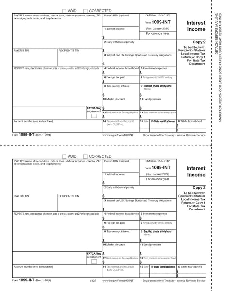 1099-INT Interest 2 Up Payer/State Copy C