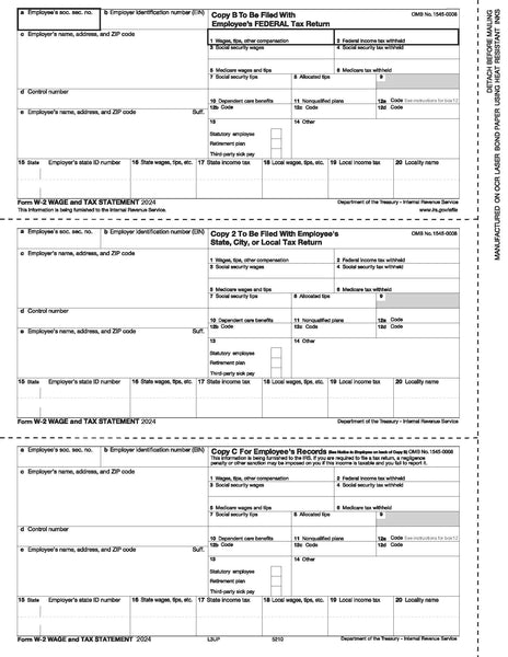 Condensed W-2 Employee Copies B/2/C - 3up (3 Forms Per Page)