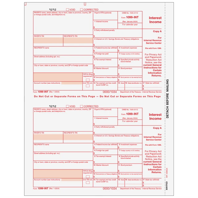 1099-INT Interest 2 Up Federal Copy A