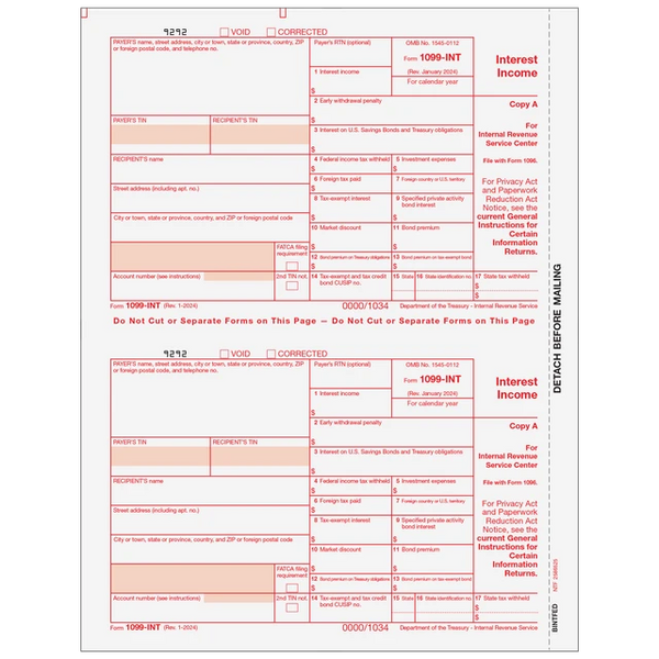 1099-INT Interest 2 Up Federal Copy A