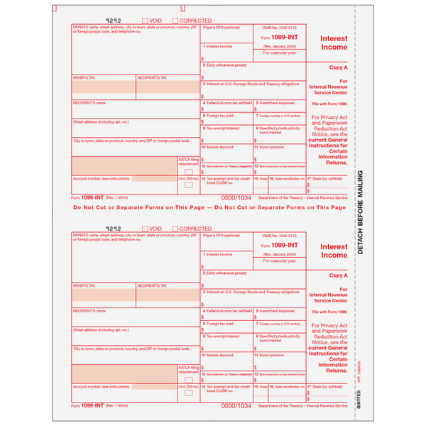 1099-INT Interest 2 Up Federal Copy A