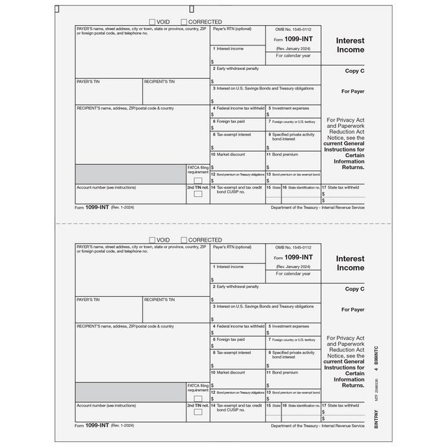 1099-INT Interest 2 Up Payer/State Copy C