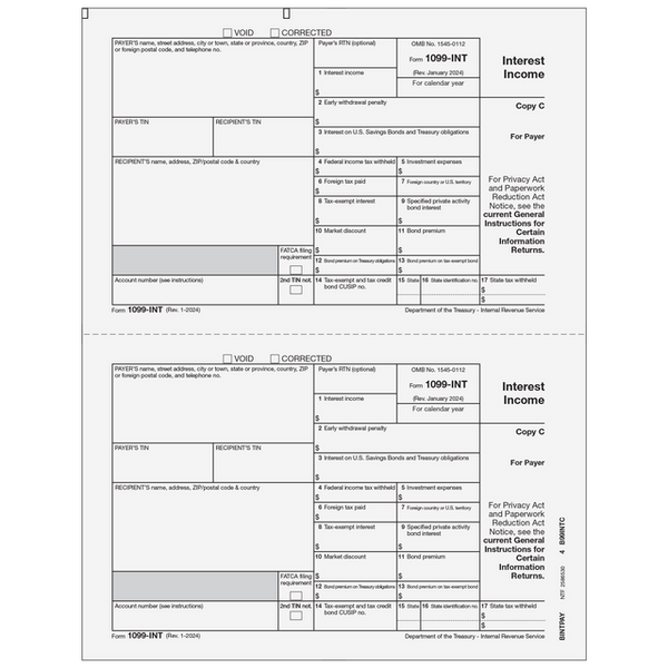 1099-INT Interest 2 Up Payer/State Copy C