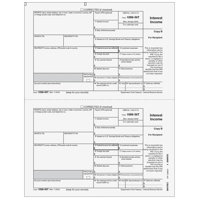 1099-INT Interest 2 Up Recipient Copy B