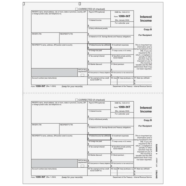 1099-INT Interest 2 Up Recipient Copy B
