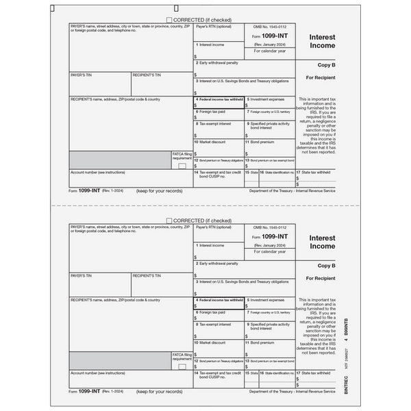 1099-INT Interest 2 Up Recipient Copy B