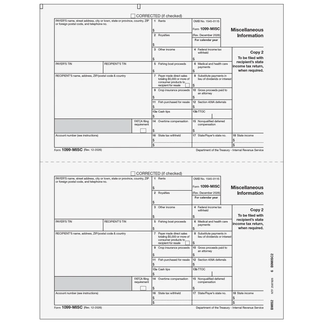 1099-MISC Miscellaneous 2 Up Recipient State Copy 2