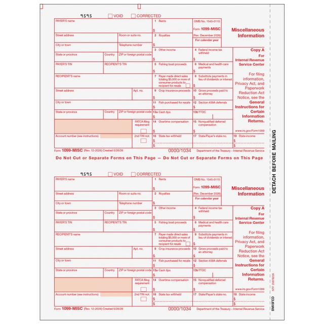 1099-MISC Miscellaneous 2 Up Federal Copy A