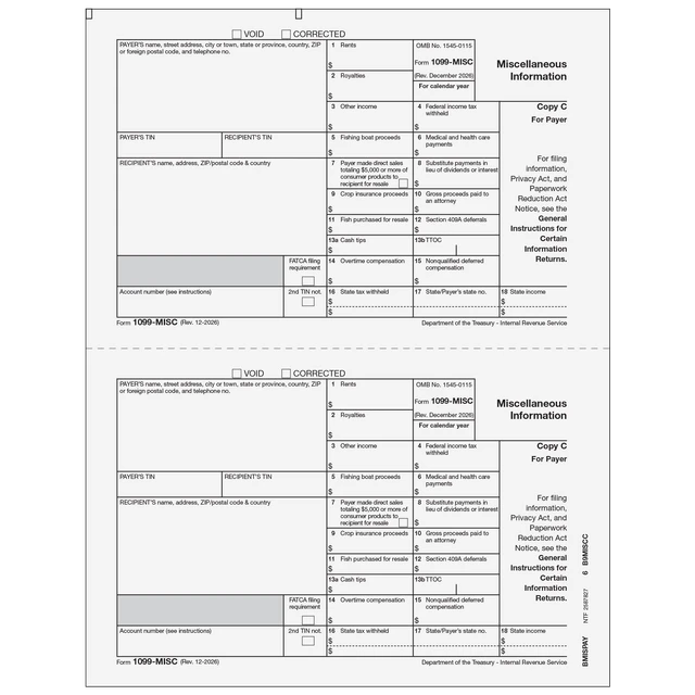 1099-MISC Miscellaneous 2 Up Payer/State Copy C