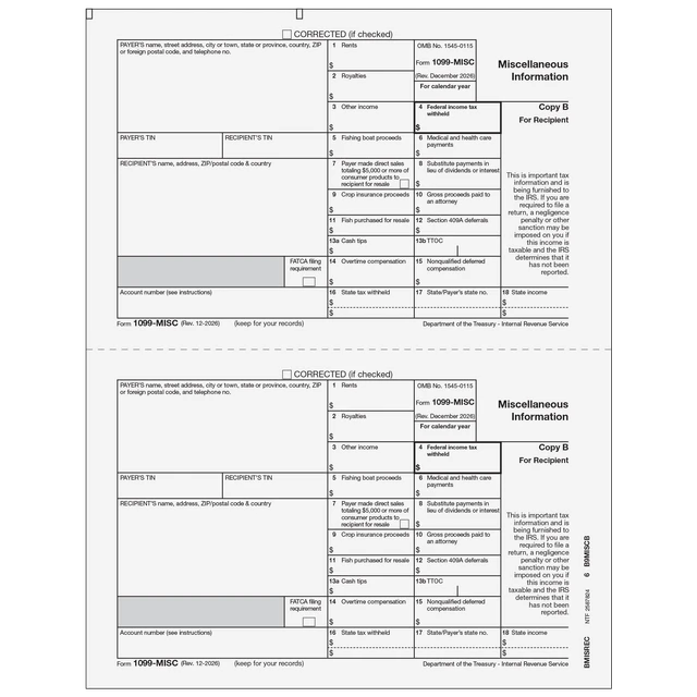 1099-MISC Miscellaneous 2 Up Recipient Copy B