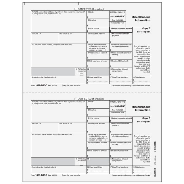 1099-MISC Miscellaneous 2 Up Recipient Copy B
