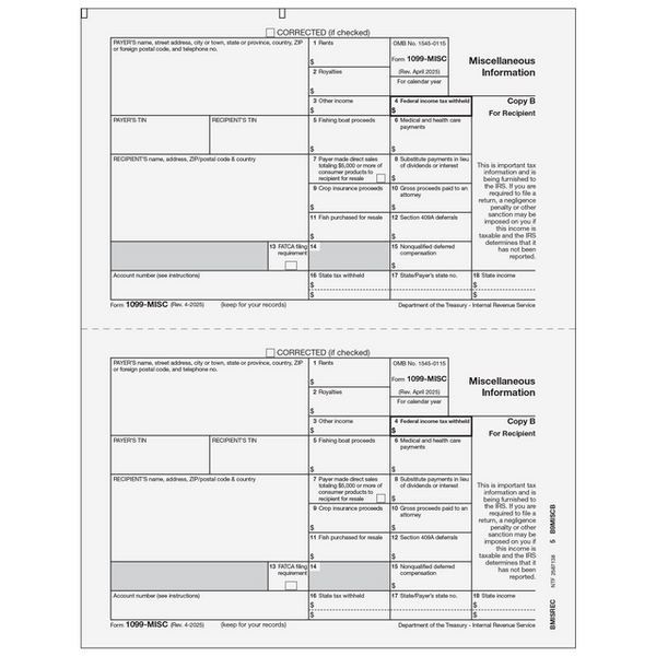 1099-MISC Miscellaneous 2 Up Recipient Copy B