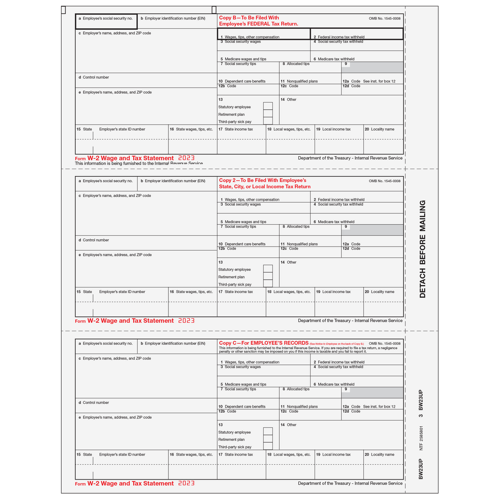 Condensed W-2 Employee Copies B/2/C - 3up (3 Forms Per Page)