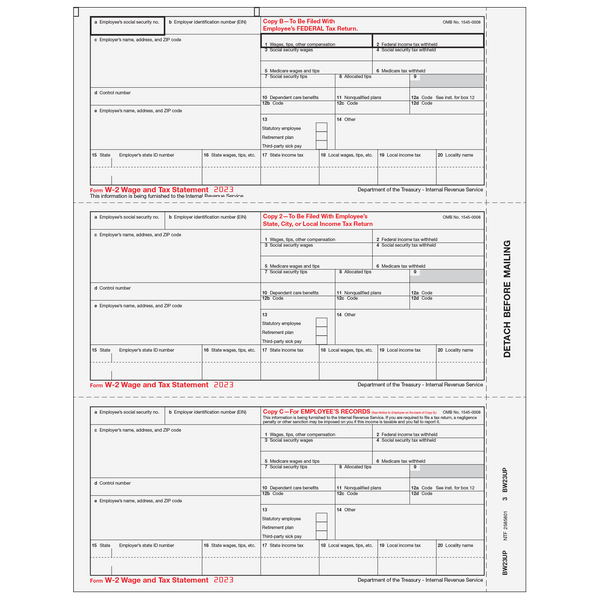 Condensed W-2 Employee Copies B/2/C - 3up (3 Forms Per Page)