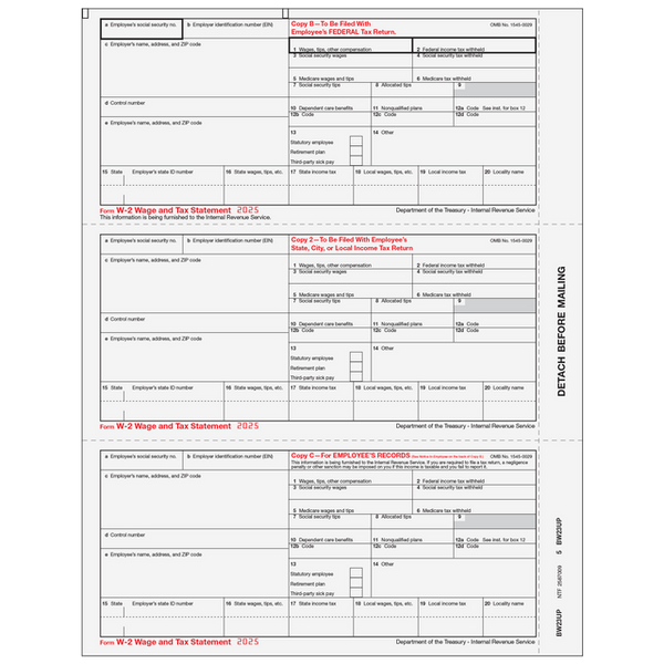 Condensed W-2 Employee Copies B/2/C - 3up (3 Forms Per Page)