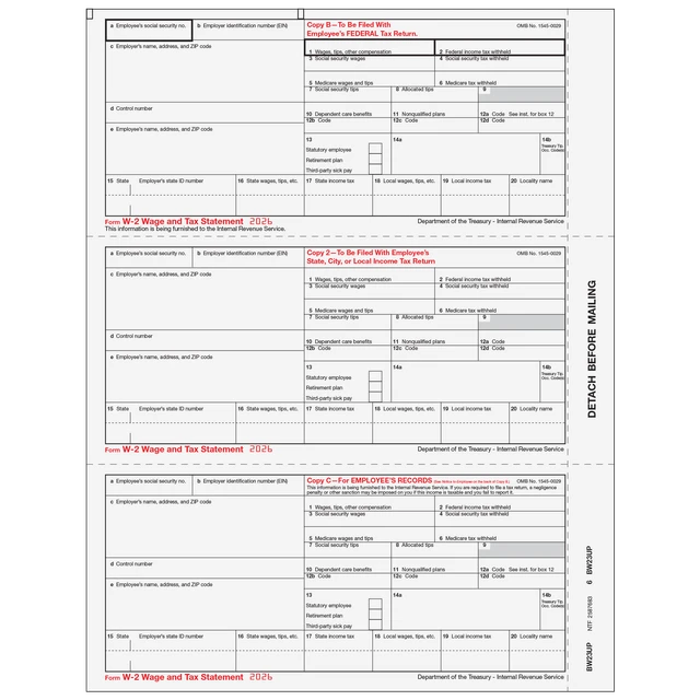 Condensed W-2 Employee Copies B/2/C - 3up (3 Forms Per Page)