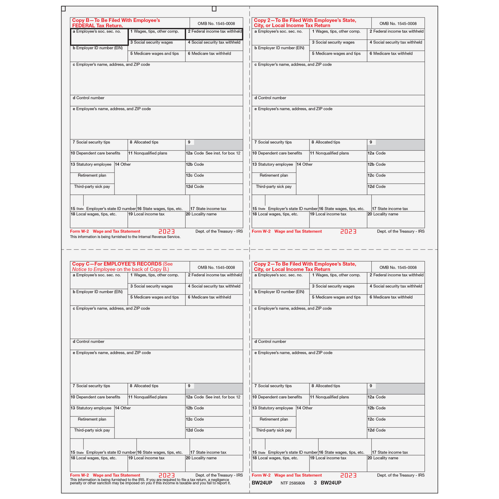W-2 Laser Employee Copy 4-Up (One Employee Per Page)
