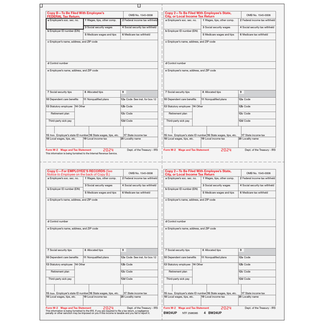 W-2 Laser Employee Copy 4-Up (One Employee Per Page)