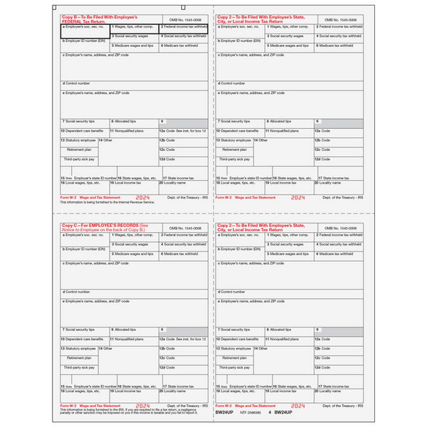 W-2 Laser Employee Copy 4-Up (One Employee Per Page)