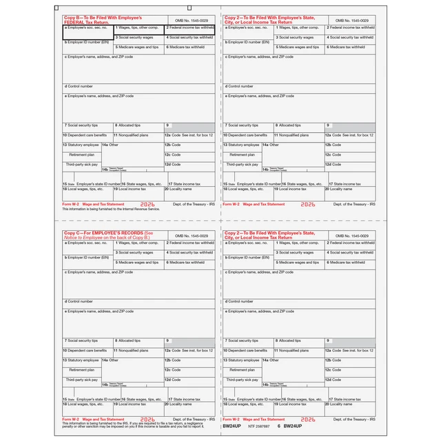 W-2 Laser Employee Copy 4-Up (One Employee Per Page)