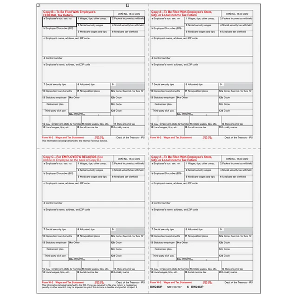 W-2 Laser Employee Copy 4-Up (One Employee Per Page)
