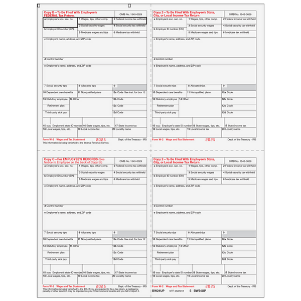W-2 Laser Employee Copy 4-Up (One Employee Per Page)