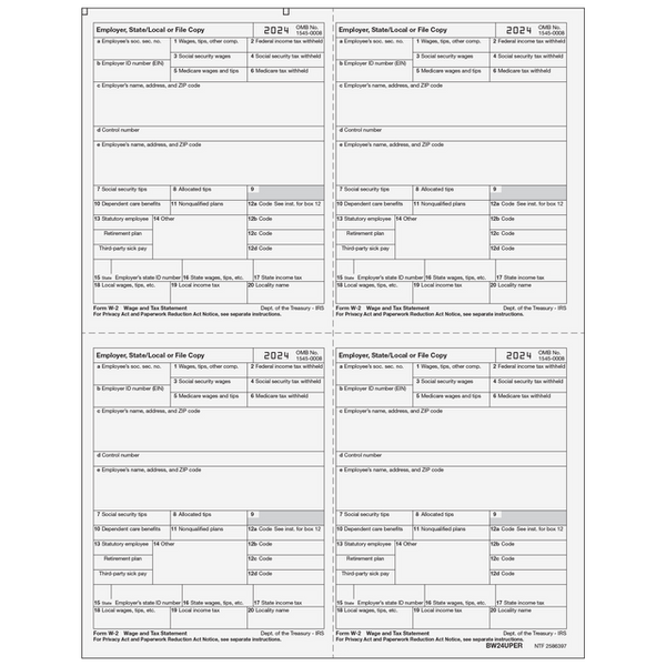 W-2 Laser Employer 4-Up (Four Employees Per Page)