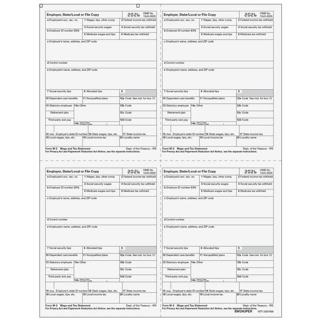 W-2 Laser Employer 4-Up (Four Employees Per Page)