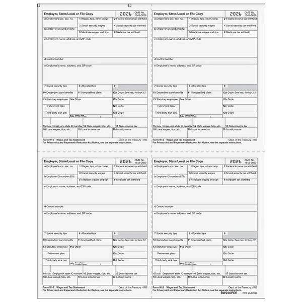 W-2 Laser Employer 4-Up (Four Employees Per Page)
