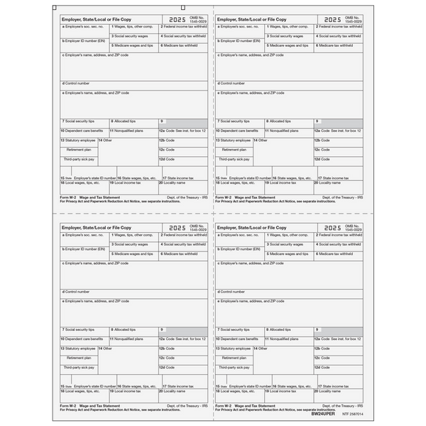 W-2 Laser Employer 4-Up (Four Employees Per Page)