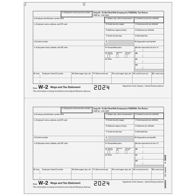 W-2 Laser Employee Copy B 2 Up  (Two Forms Per Page)