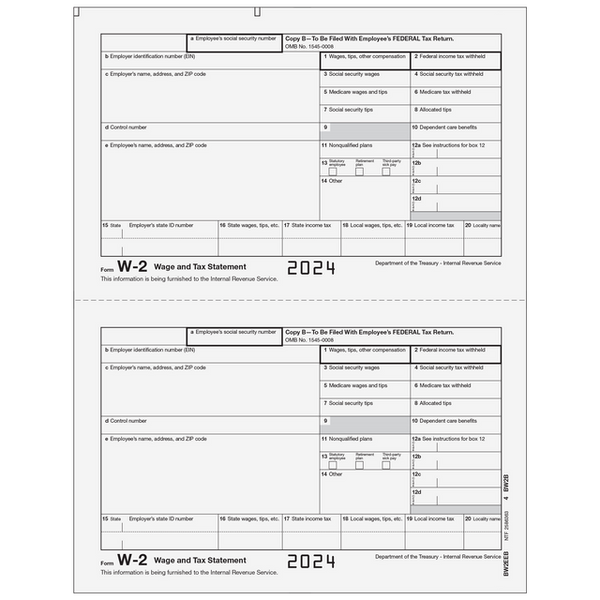 W-2 Laser Employee Copy B 2 Up  (Two Forms Per Page)