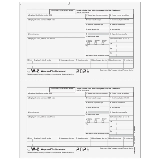 W-2 Laser Employee Copy B 2 Up  (Two Forms Per Page)