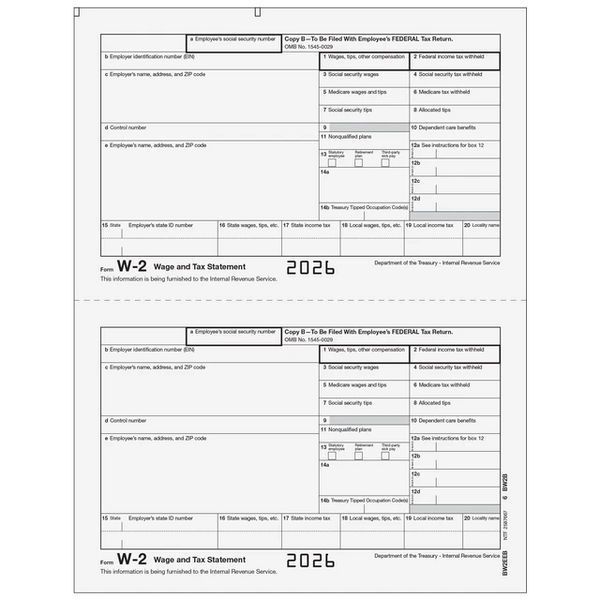 W-2 Laser Employee Copy B 2 Up  (Two Forms Per Page)