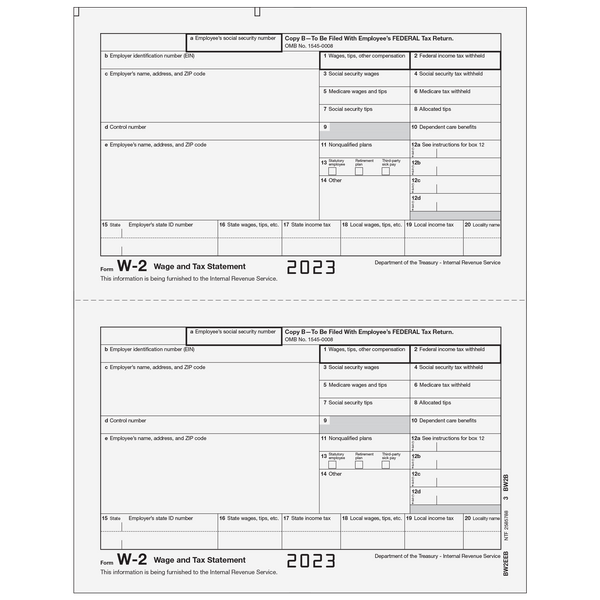 W-2 Laser Employee Copy B 2 Up  (Two Forms Per Page)