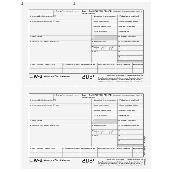 W-2 Laser Employee Copy C 2 Up (2 Forms Per Page)