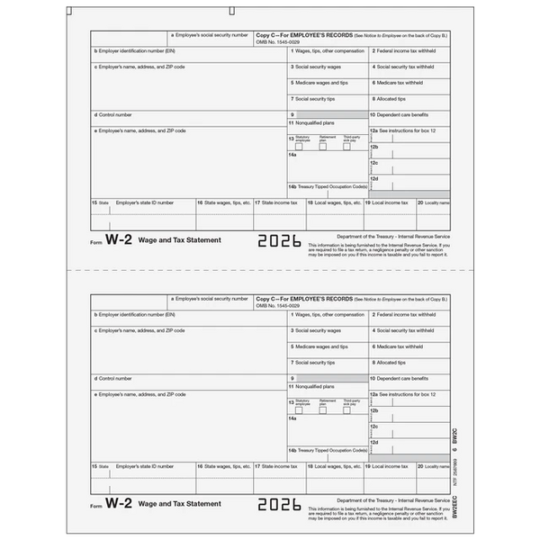 W-2 Laser Employee Copy C 2 Up (2 Forms Per Page)