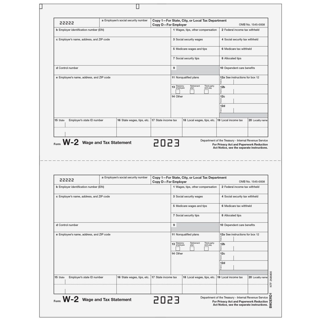 W-2 Laser Employer Copy D 2 Up (2 Forms Per Page)