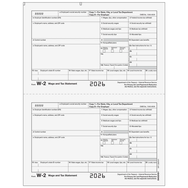 W-2 Laser Employer Copy D 2 Up (2 Forms Per Page)